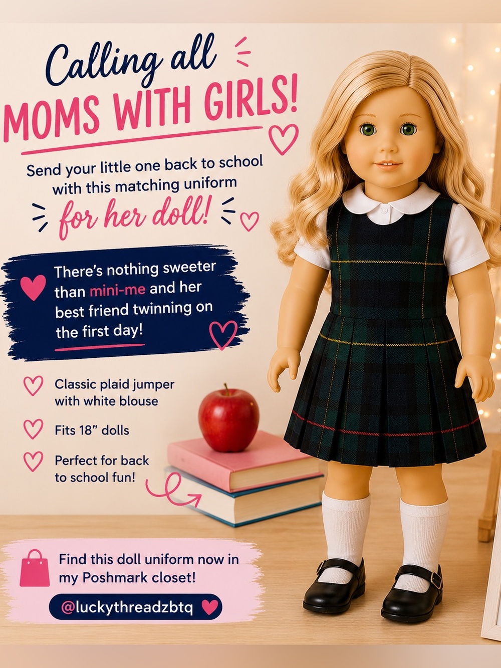 Plaid School Jumper Custom Made -Doll Outfit with White Blouse - Navy & Green